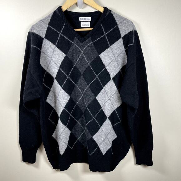 BULLOCK & JONES Men's 100% Scottish Lambswool Black Argyle Sweater XL Preppy - Picture 1 of 8